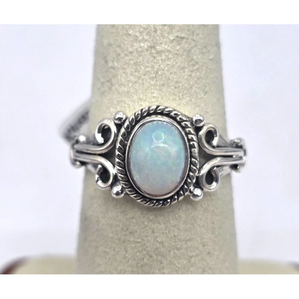 Natural Ethiopian Opal Ring Size 7 Sterling Silver 925 Roped‎ Handmade NWT